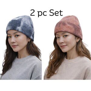 Set of 2 Tie Dye Knitted Beanie Hats for Women Grey and Tan NWT